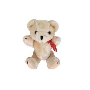 Vintage Plush Beige Teddy Bear With Red Ribbon 6" Soft Stuffed Animal Toy For Ki
